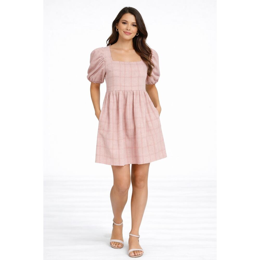 Jacquie The Label Houndstooth Babydoll Mini Dress Pink Womens Size Small New